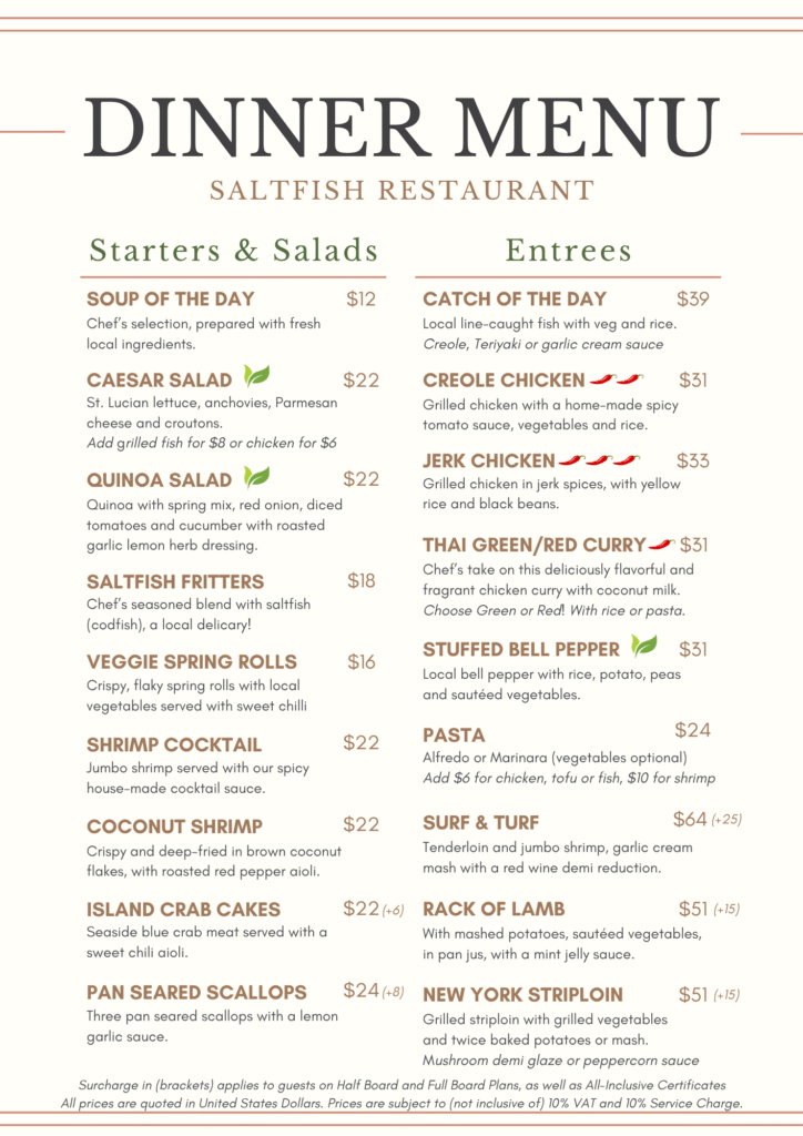 A restaurant dinner menu from Saltfish Restaurant featuring starters, salads, and entrees. Enjoy dishes like Caesar Salad, Quinoa Salad, Creole Chicken, Jerk Chicken, and Thai Curries, each with brief descriptions and prices.