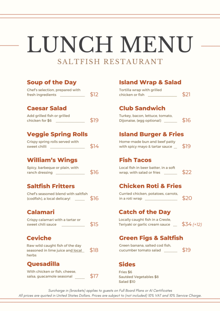 Explore Saltfish Restaurant’s lunch menu featuring soups, salads, wings, fish tacos, calamari, ceviche, wraps, burgers, sandwiches, catch of the day, sides, and prices—all presented in a minimal white and brown restaurant design.