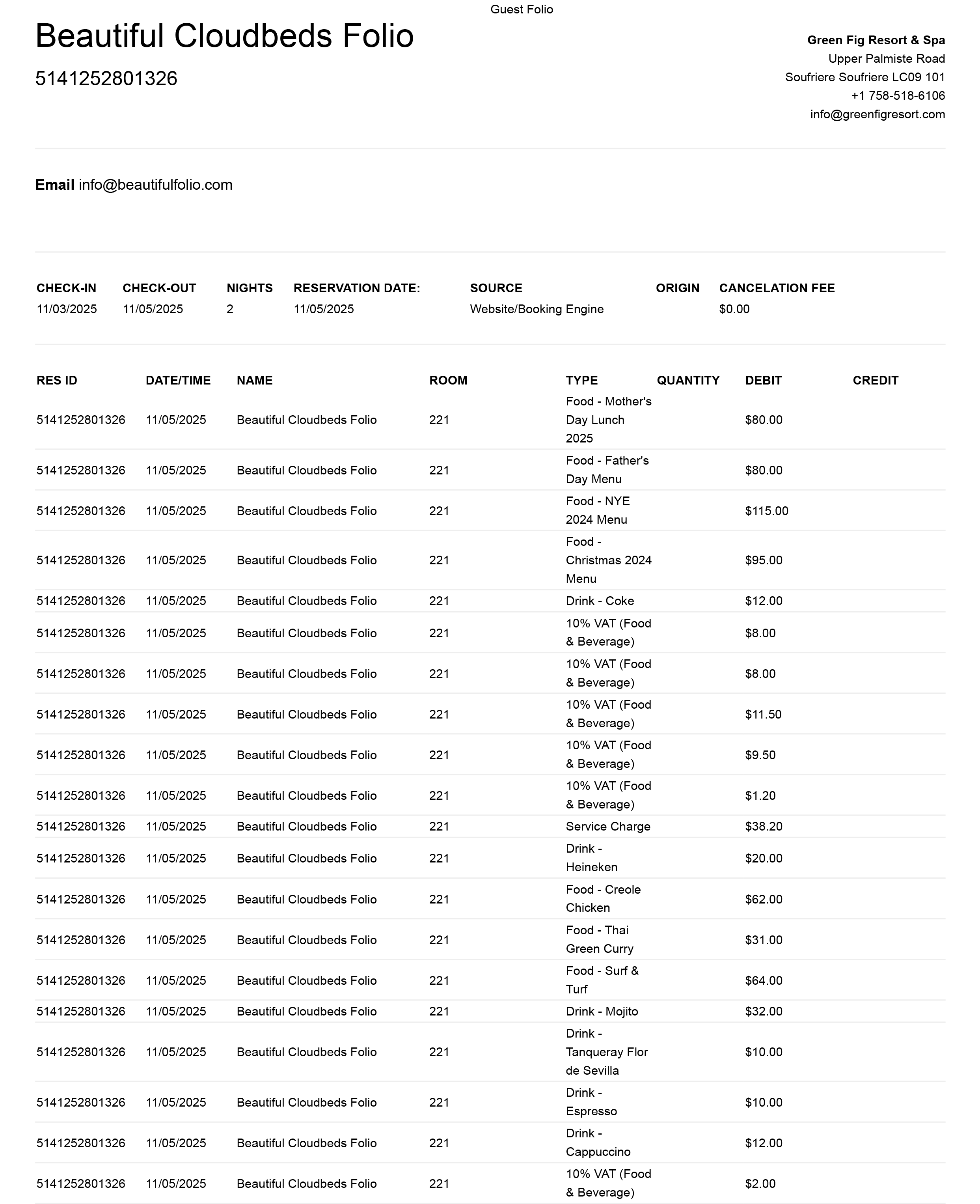 Default Cloudbeds folio screenshot